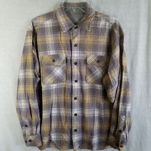Ascend Men's Large Flannel Shirt Wool Rayon Gray Yellow Plaid Long Sleeve Shaket